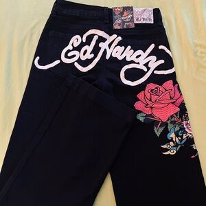 Ed Hardy Black Jeans with Vibrant Rose Design